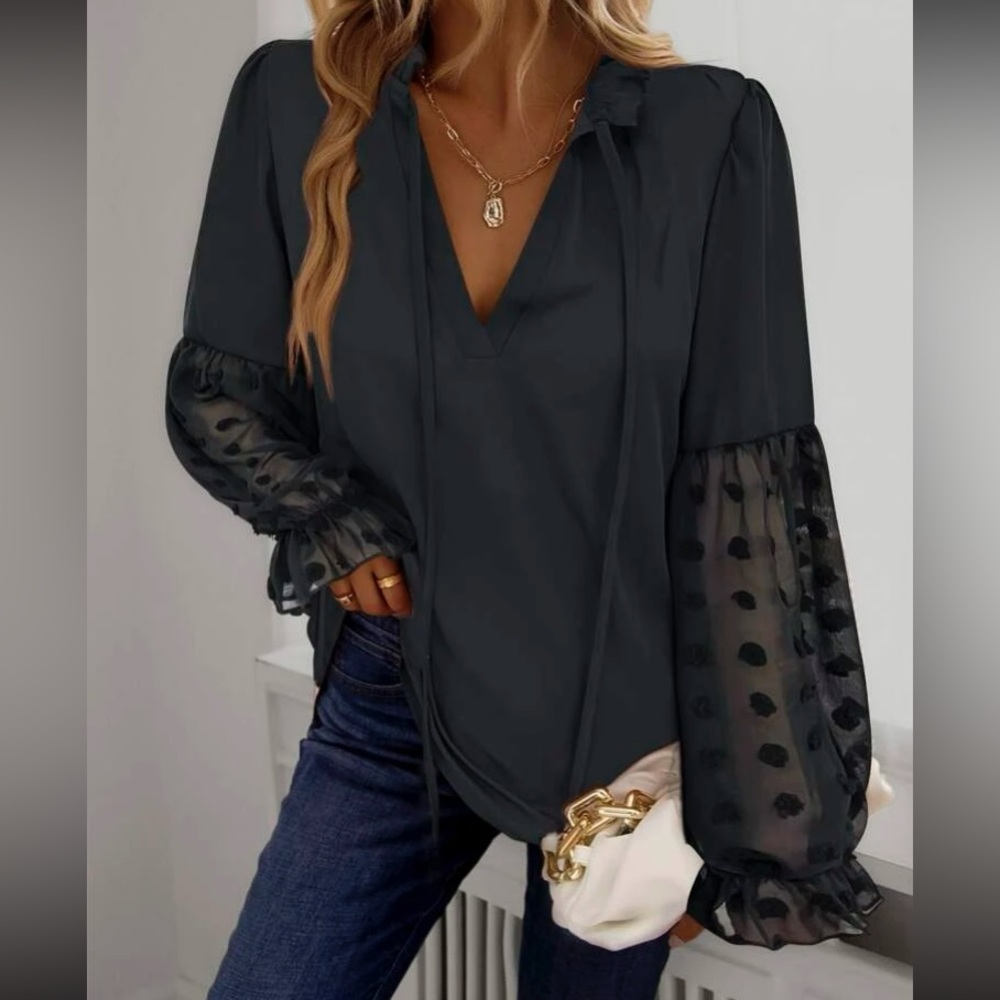 Chic Black Blouse with Sheer Sleeves